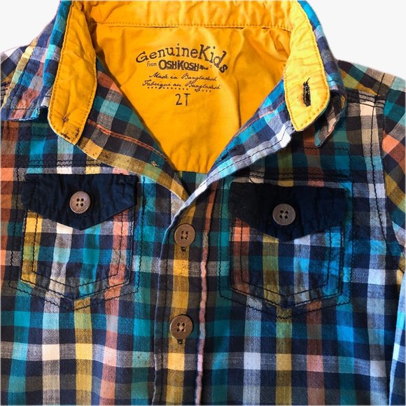 Genuine Kids OshKosh Boys Plaid Button Up Blue Marigold Size 2T - Picture 2 of 5